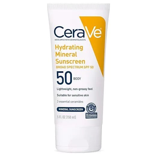 CeraVe Hydrating 100% Mineral Body Sunscreen SPF 50 with Zinc Oxide & Hyaluronic Acid - 5.0 fl oz